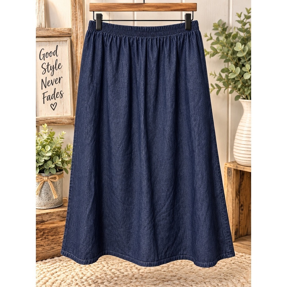 Village Fair Vintage Denim Midi Skirt Dark Wash Elastic Waist Cotton Blue